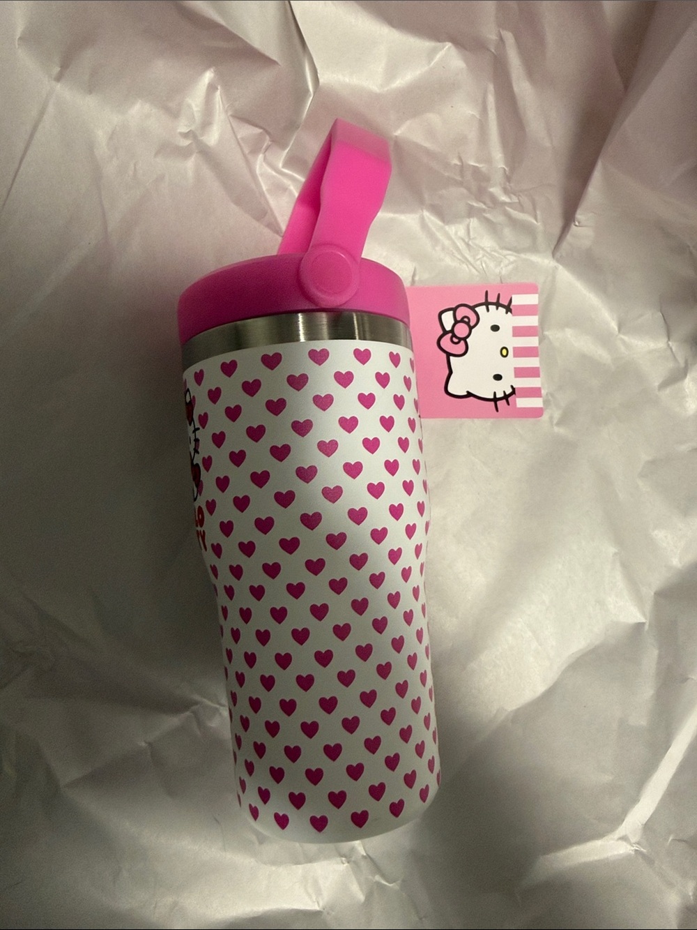 Hello Kitty Pink and White Heart Stainless Kids Bottle with Handle 20oz - Picture 3 of 7